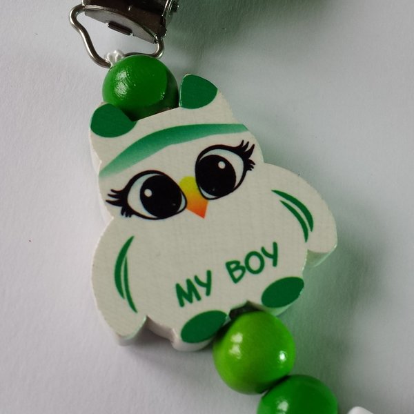 Schnullerkette Eule "My Boy" grün